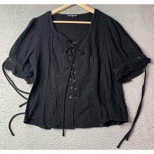 Scarlet Darkness Top Womens Size XLarge Black Gauze Lace Up Blouse Boho Festival
